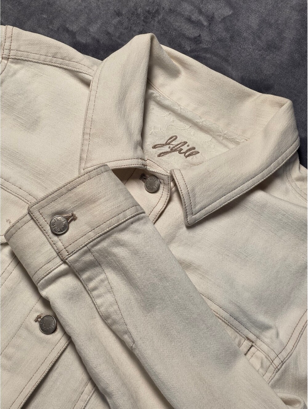 J.Jill Cream Denim Jacket Size Large Button Front Stretch Off-White Trucker
